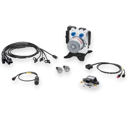 Bosch Motorsport ABS M5 kit components - hydraulic unit with bracket, DF11 wheel speed sensors, pressure sensors, yaw sensor and connecting looms