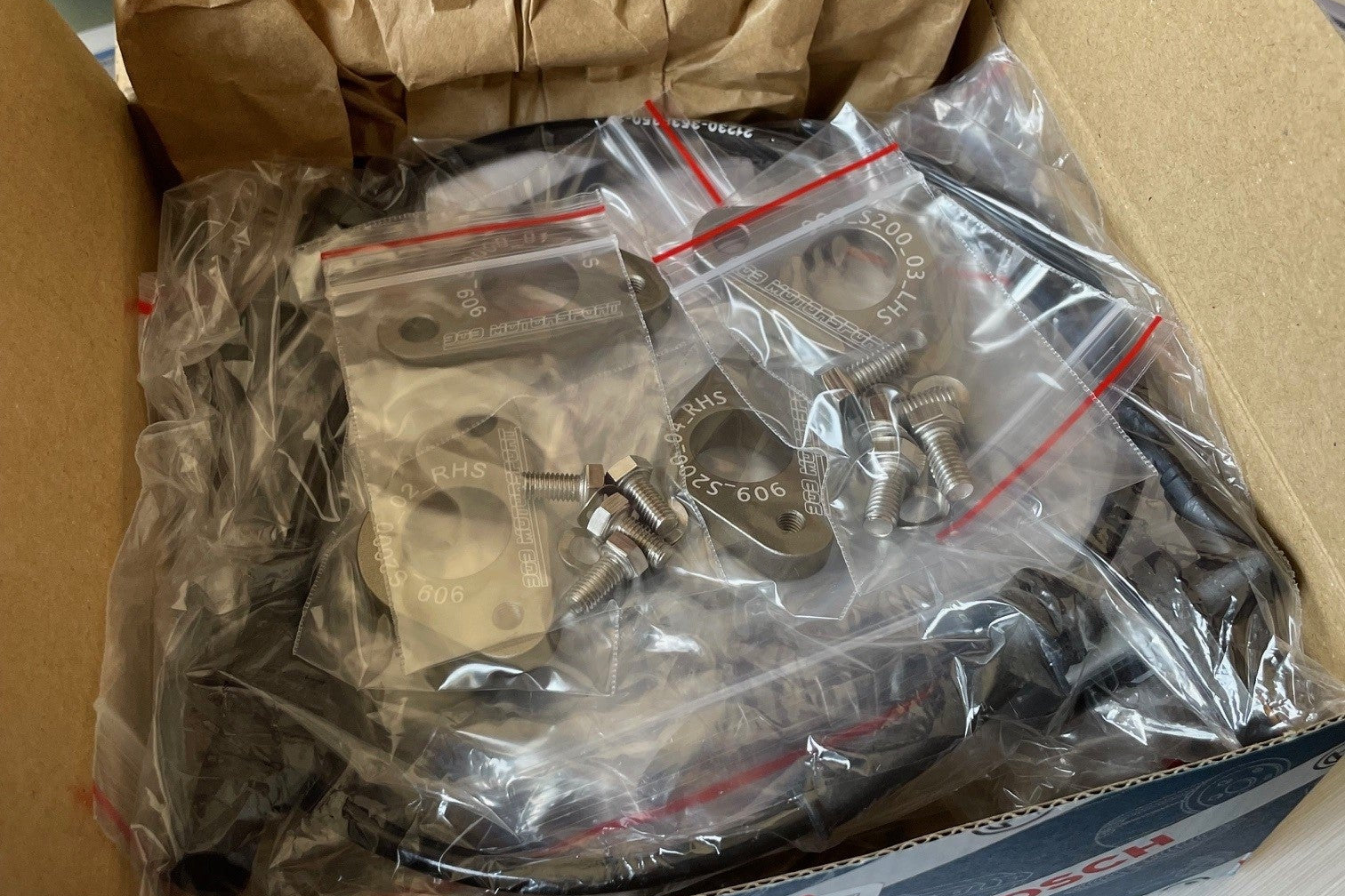 909 Motorsport Honda S2000 wheel speed sensing kit boxed - engraved adapters, Bosch sensors and hardware